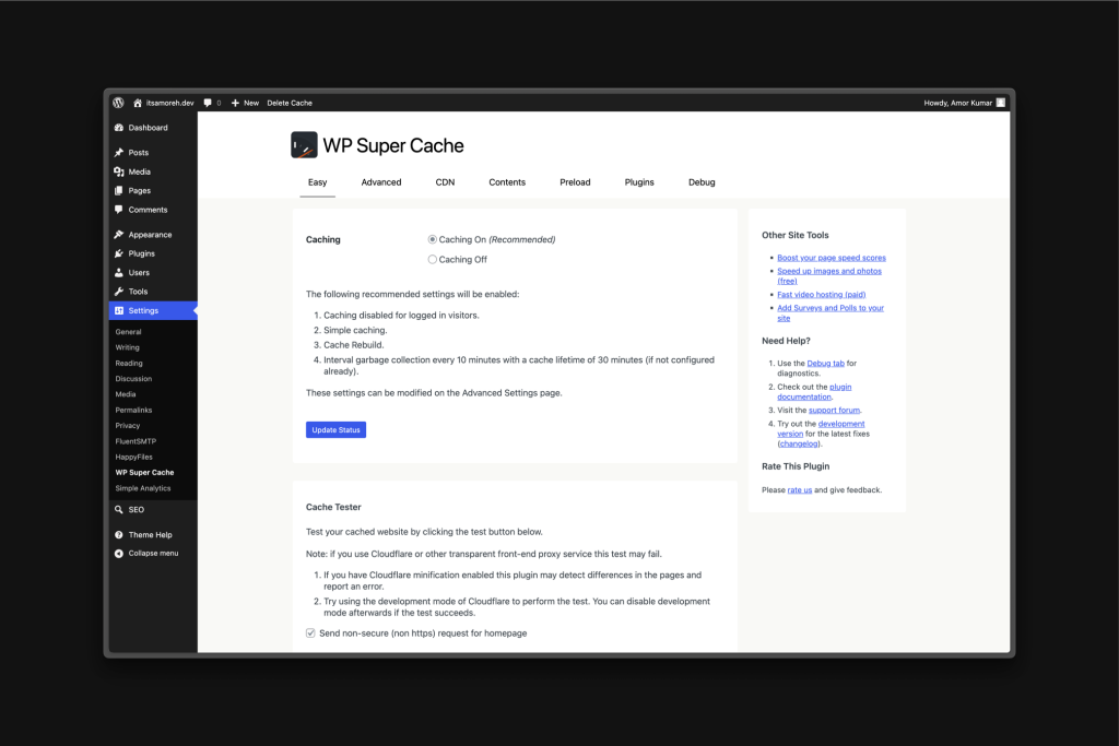 Screenshot of WP Super Cache's settings.